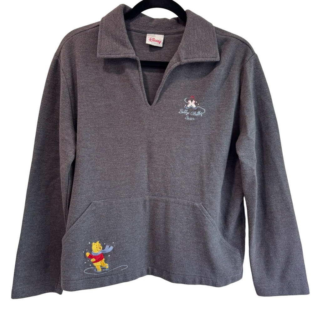 Disney Store Winnie the Pooh Pullover Sweater Medium Grey Skating Embroidered